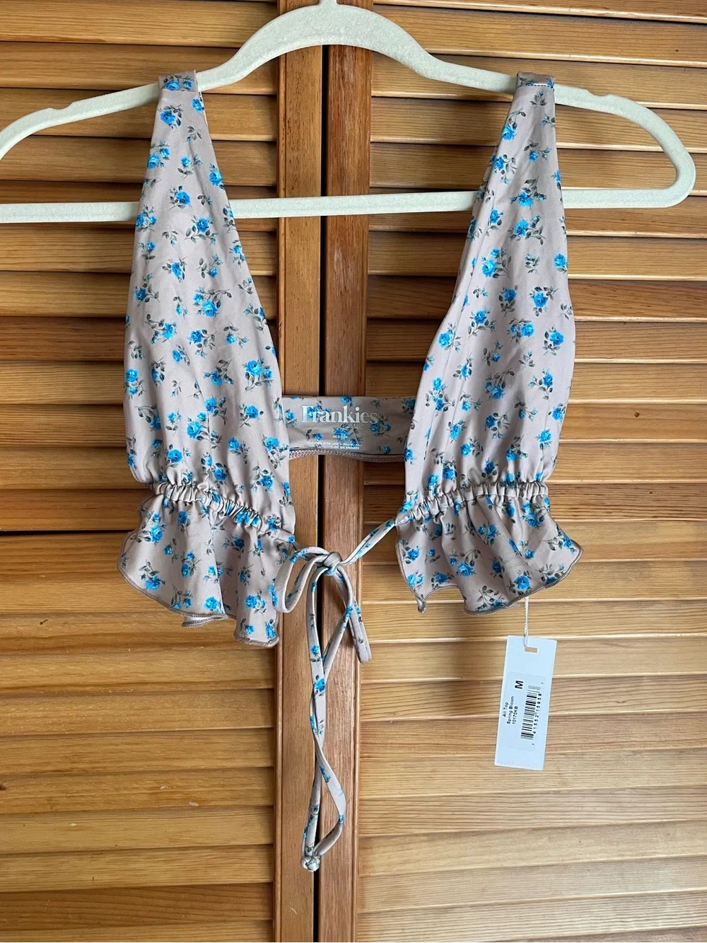Frankie's Bikinis Ali Top Spring Bloom Beige & Blue Floral Ruffle . M